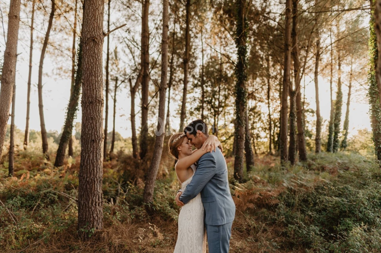 Un couple en tenue de mariage s'enlace dans une forêt baignée par une lumière douce en fin de journée.