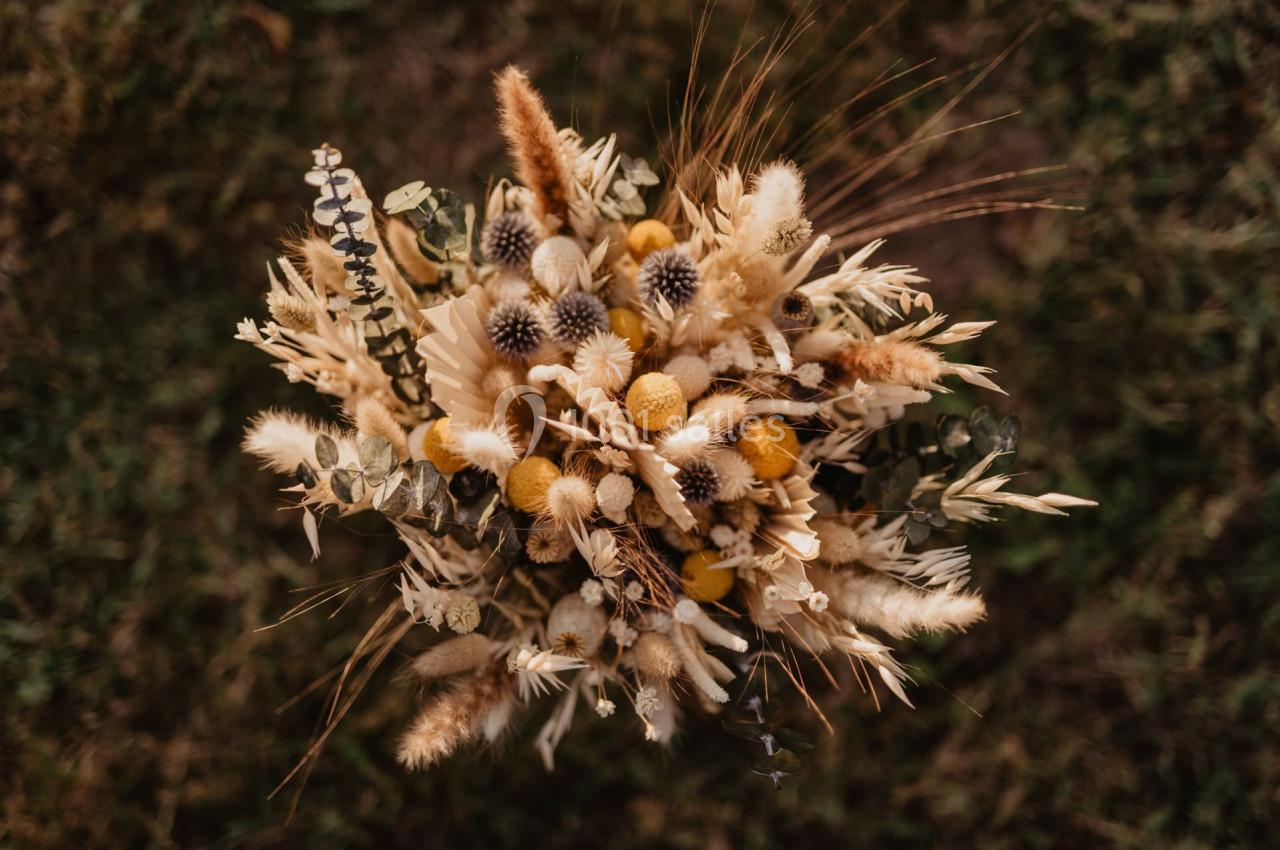 Bouquet de fleurs séchées aux teintes naturelles avec des éléments beige, jaune et brun disposés harmonieusement.