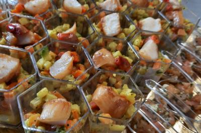 Bouteilles de vin rouge et rosé disposées sur un tonneau en bois, avec une plante en arrière-plan.