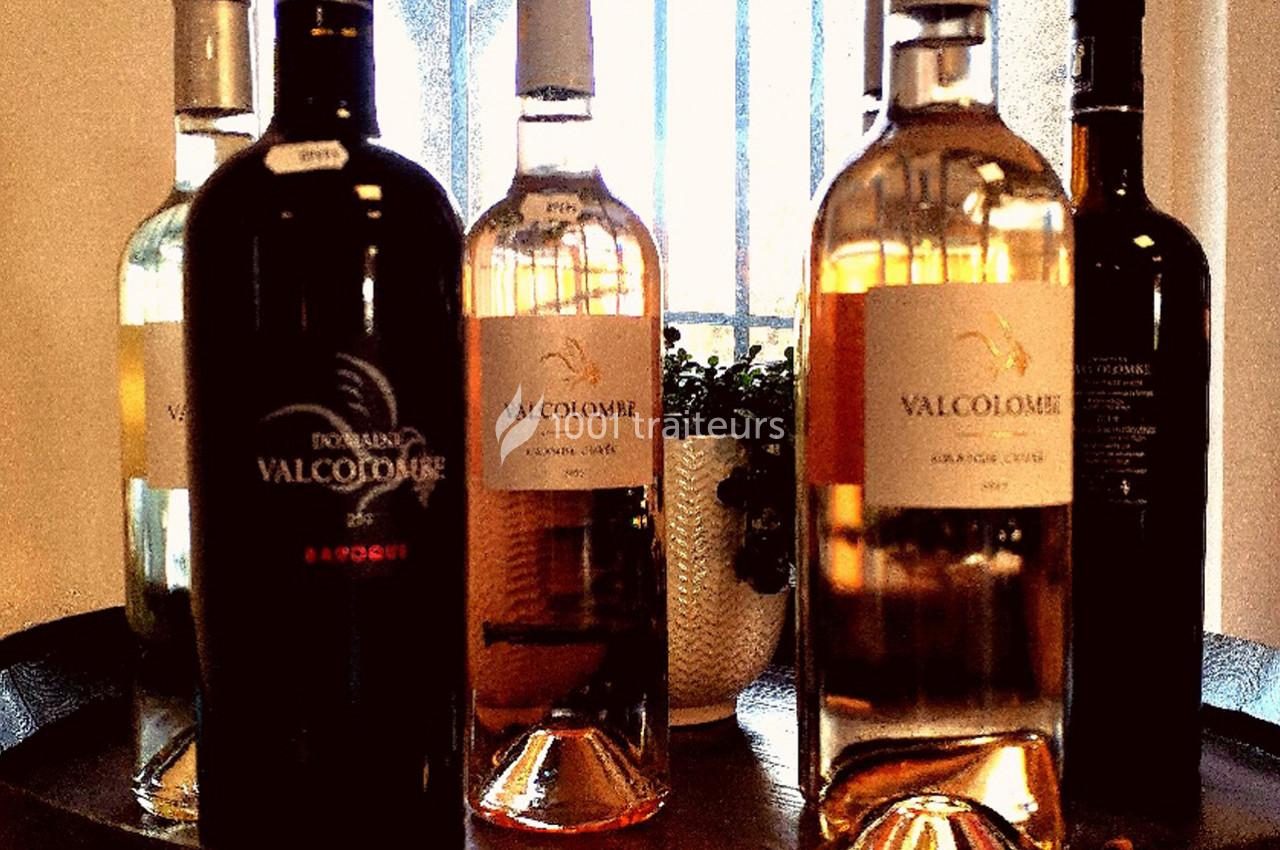 Bouteilles de vin rouge et rosé disposées sur un tonneau en bois, avec une plante en arrière-plan.