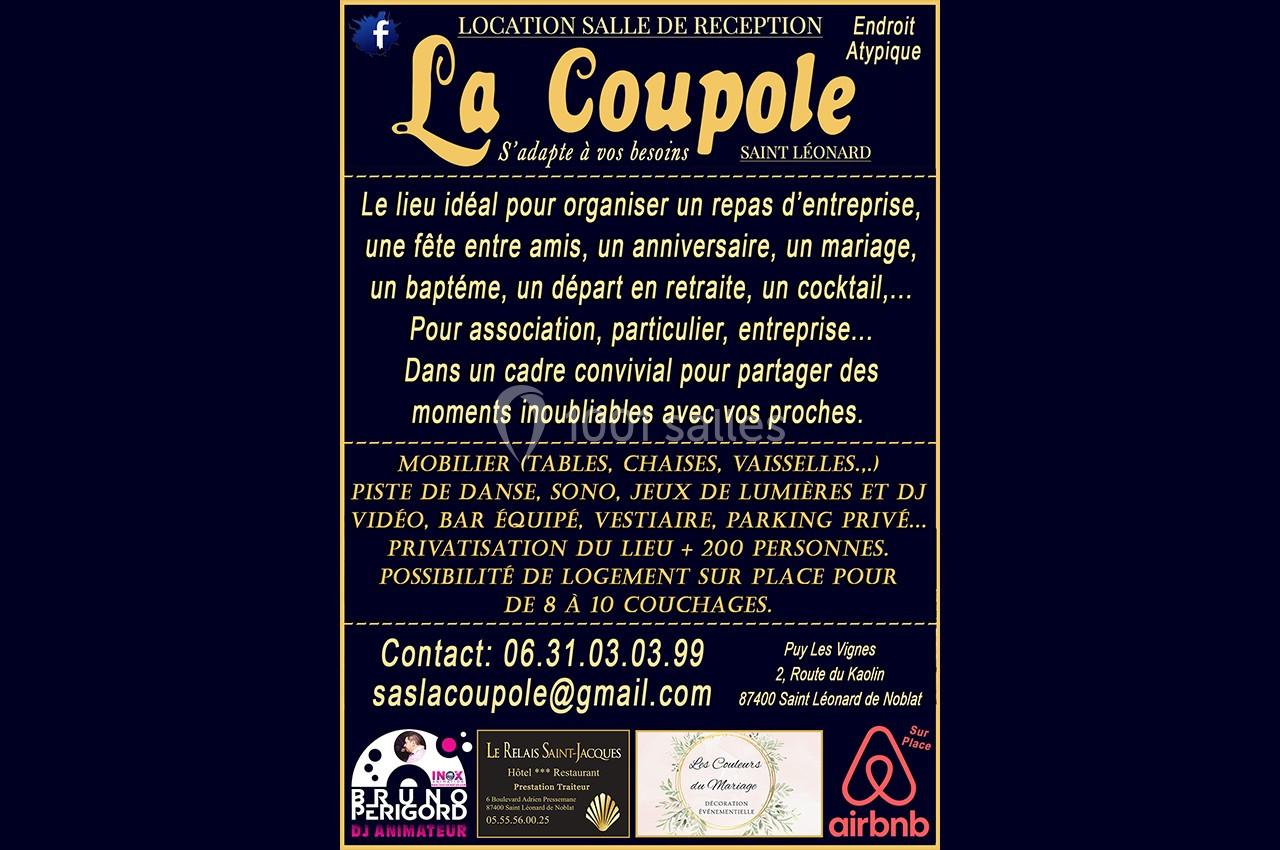 Affiche promotionnelle pour la location de salle de réception ’La Coupole’ à Saint-Léonard, avec services et contact.
