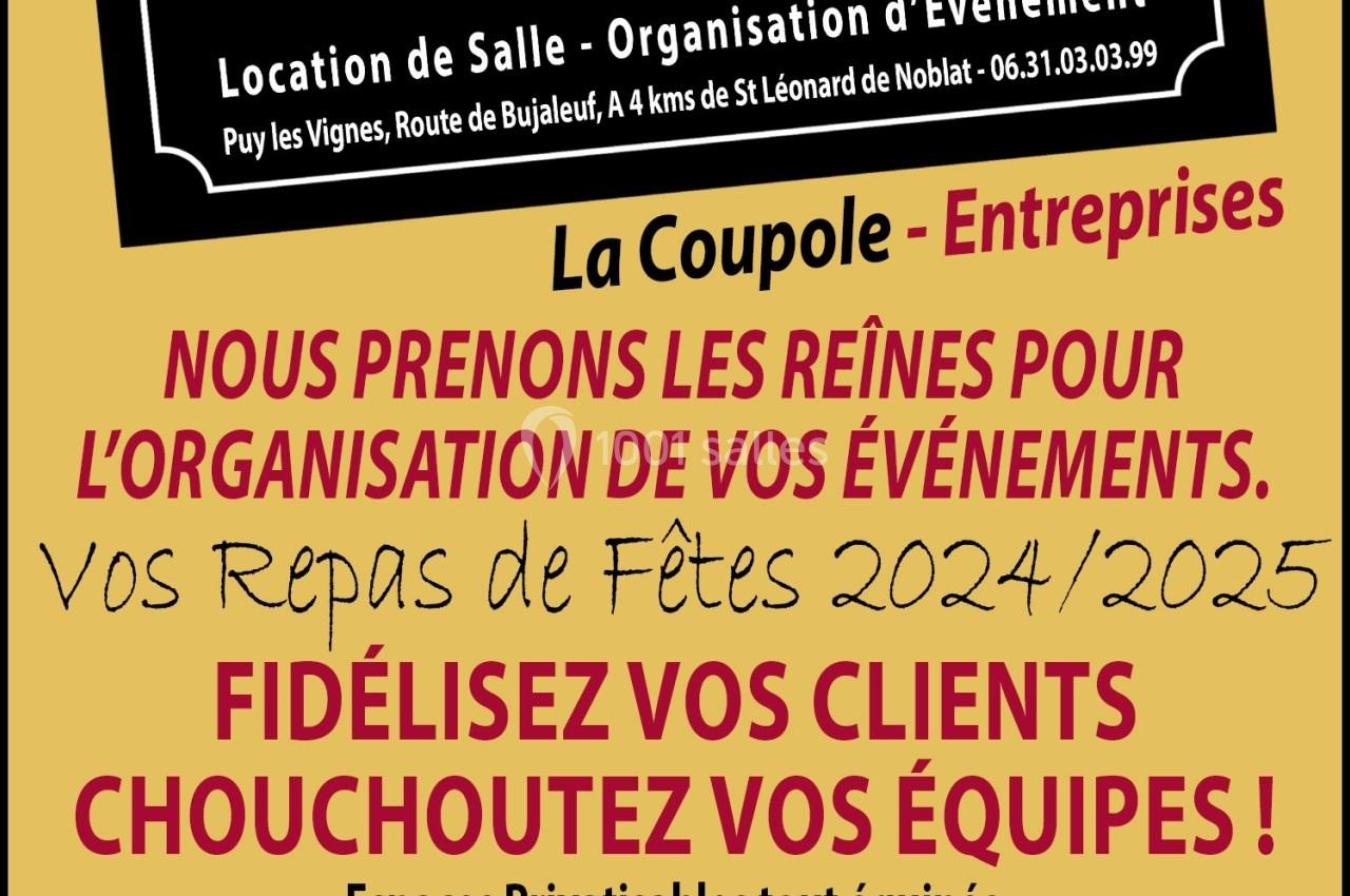 Affiche promotionnelle pour la location de salle et l'organisation d'événements professionnels à La Coupole.