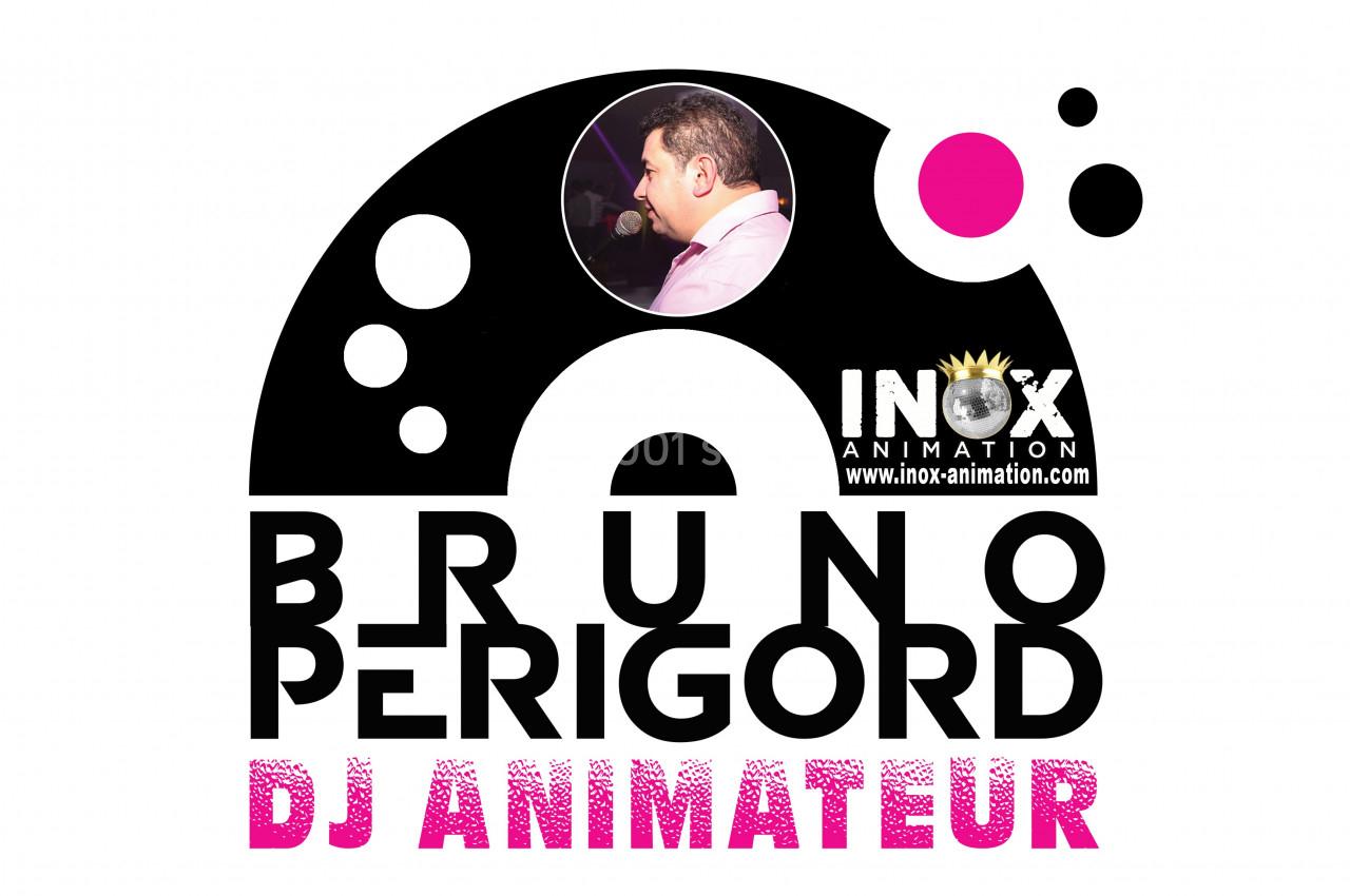Logo d'Inox Animation avec une photo d'un DJ, le texte ’Bruno Périgord DJ Animateur’ et des motifs graphiques noirs et roses.