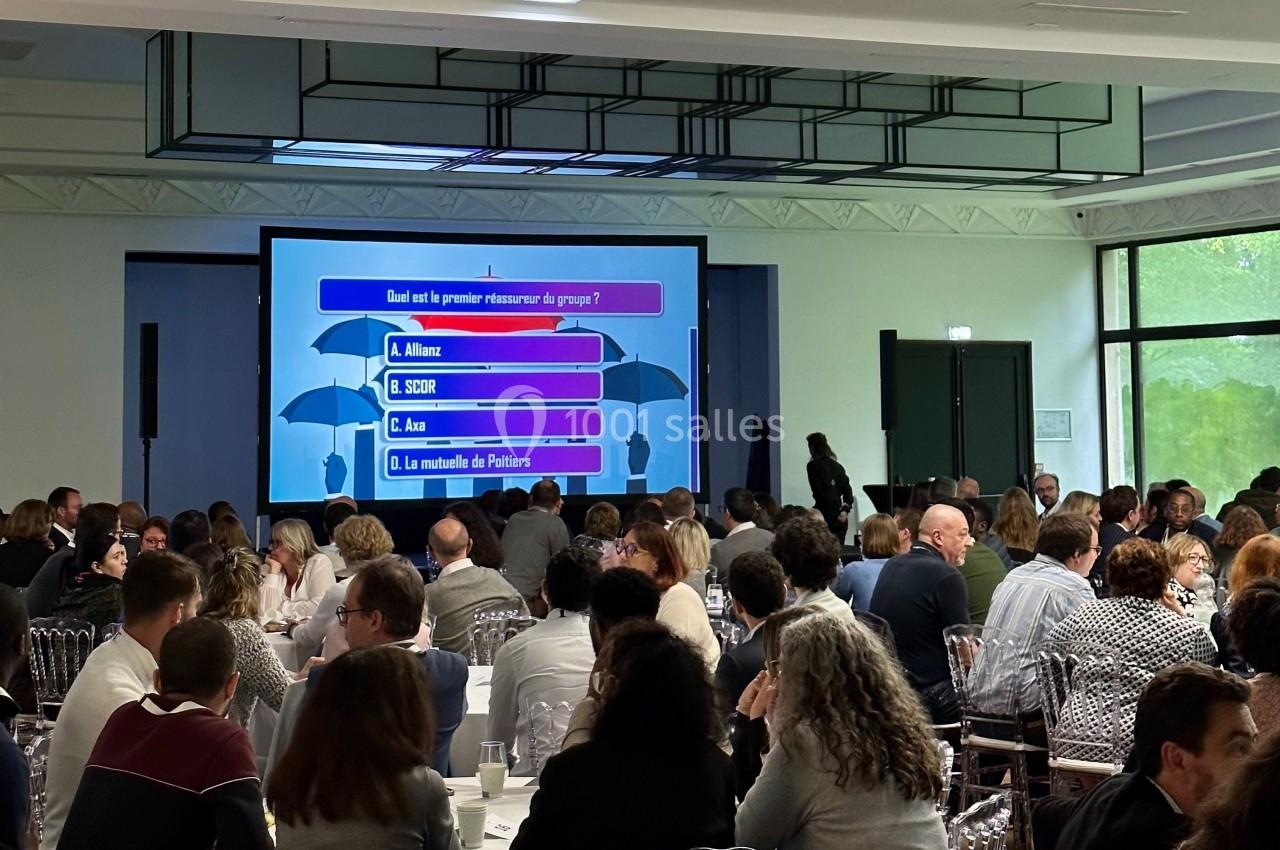 Des personnes assistent à un quiz interactif projeté sur un écran dans une salle de conférence lumineuse.
