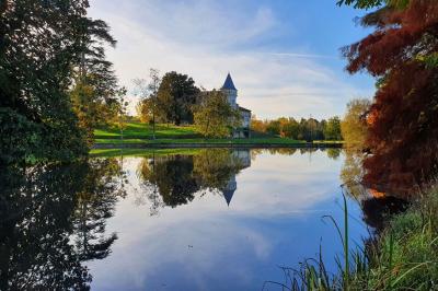 Grande table dressée avec vaisselle et décoration florale dans une salle voûtée avec tonneaux et cuves en arrière-plan.