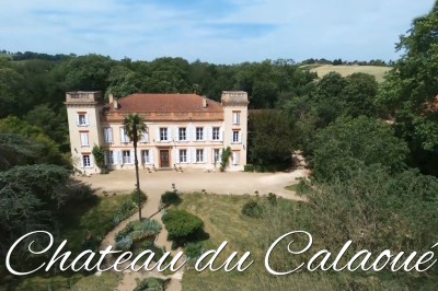 Grande table dressée avec vaisselle élégante, pains individuels et décoration florale, sous une terrasse en bois ouverte sur…