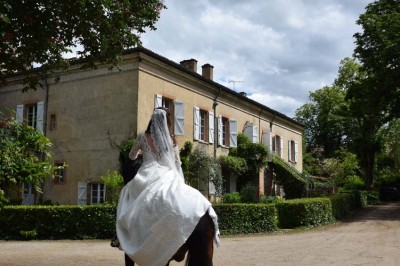 Grande table dressée avec vaisselle élégante, pains individuels et décoration florale, sous une terrasse en bois ouverte sur…