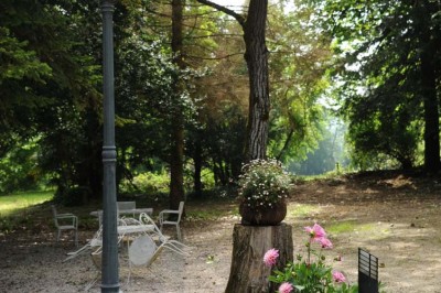Grande table dressée avec vaisselle élégante, pains individuels et décoration florale, sous une terrasse en bois ouverte sur…