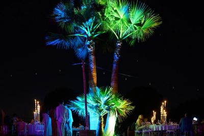 Décoration de table de mariage en extérieur avec chandeliers en verre, fleurs blanches et chaises alignées sur une pelouse.