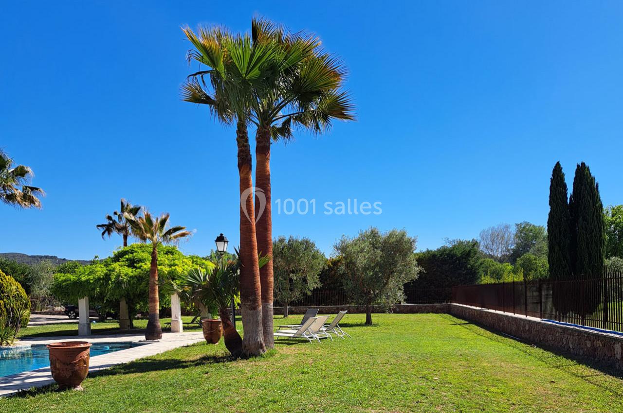 Jardin avec pelouse, palmiers, chaises longues et piscine sous un ciel bleu dégagé.