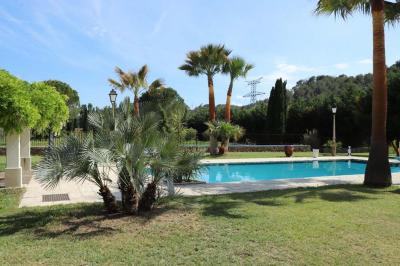 Décoration de table de mariage en extérieur avec chandeliers en verre, fleurs blanches et chaises alignées sur une pelouse.