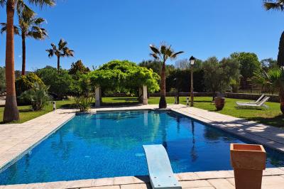 Décoration de table de mariage en extérieur avec chandeliers en verre, fleurs blanches et chaises alignées sur une pelouse.