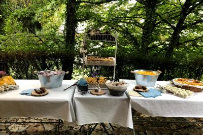 Buffet en plein air avec tables dressées, proposant desserts variés, fruits et boissons dans un cadre arboré.