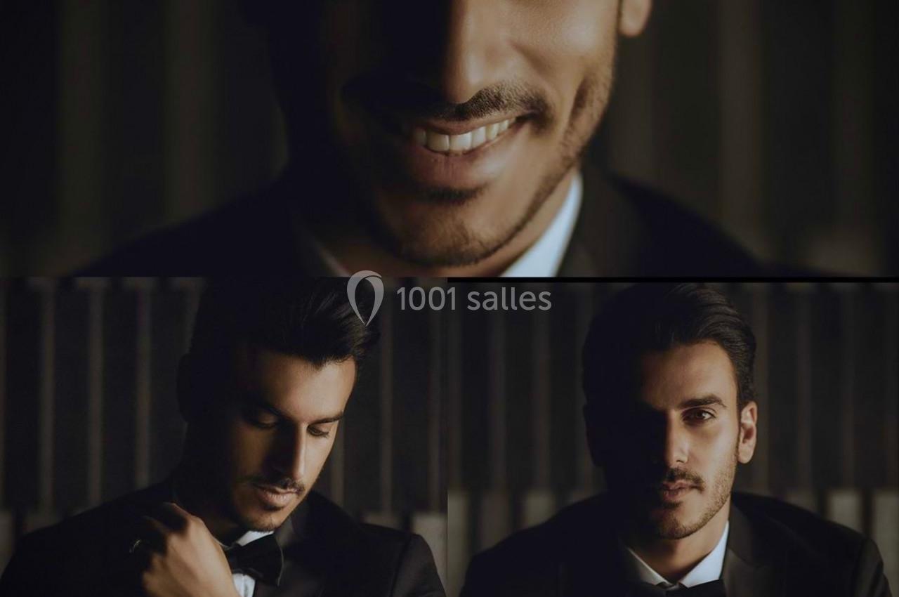 Homme en costume sombre, souriant sur une photo et ajustant sa montre ou posant sérieusement sur deux autres.