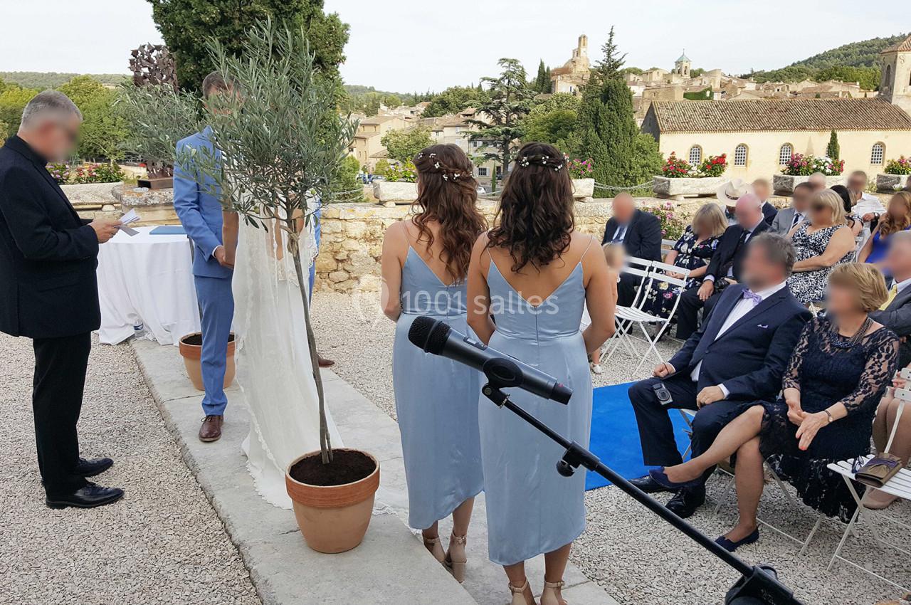 Deux femmes en robes bleues de dos lors d'une cérémonie en extérieur, face à un officiant et des invités assis.