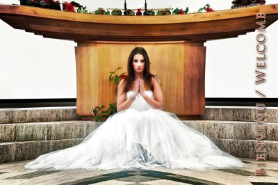 Une mariée en robe blanche regarde vers le sol, entourée d'un paysage enneigé et d'arbres en arrière-plan.