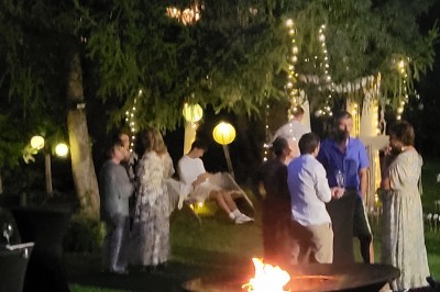 Un poney brun avec une longue crinière se tient sur une pelouse verte près d'arbres et d'un ruisseau.