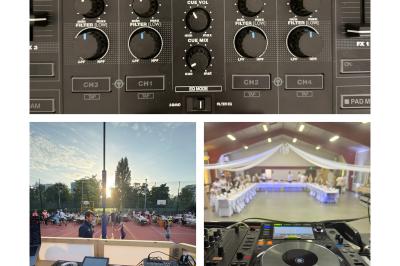 Main ajustant les réglages sur une table de mixage DJ illuminée par des lumières colorées.