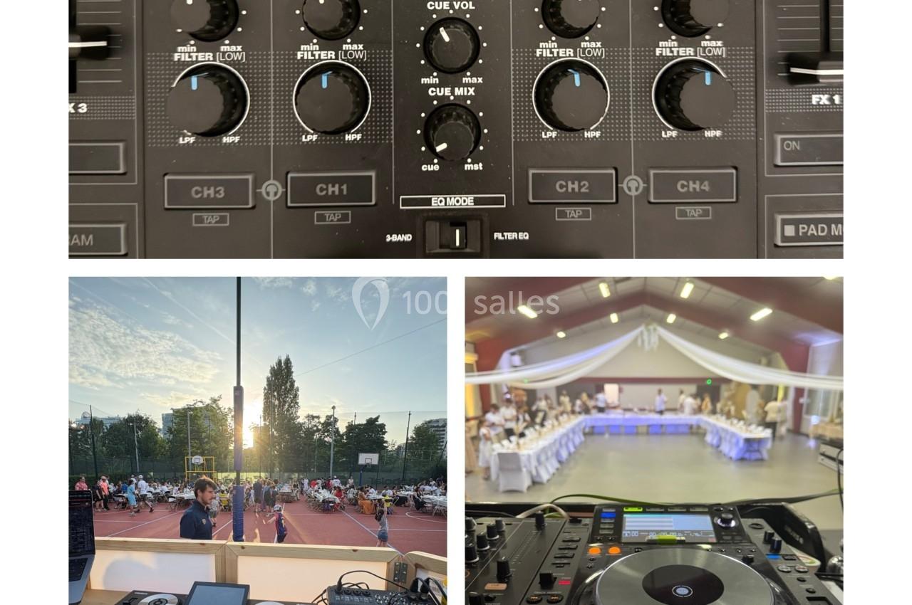 Montage de photos montrant une table de mixage, un coucher de soleil, une salle de réception et un équipement DJ.
