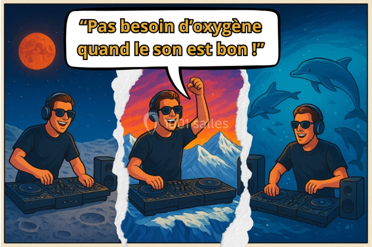 Illustration d'un DJ souriant avec des écouteurs, mixant dans des décors variés : montagne, océan et ciel nocturne.