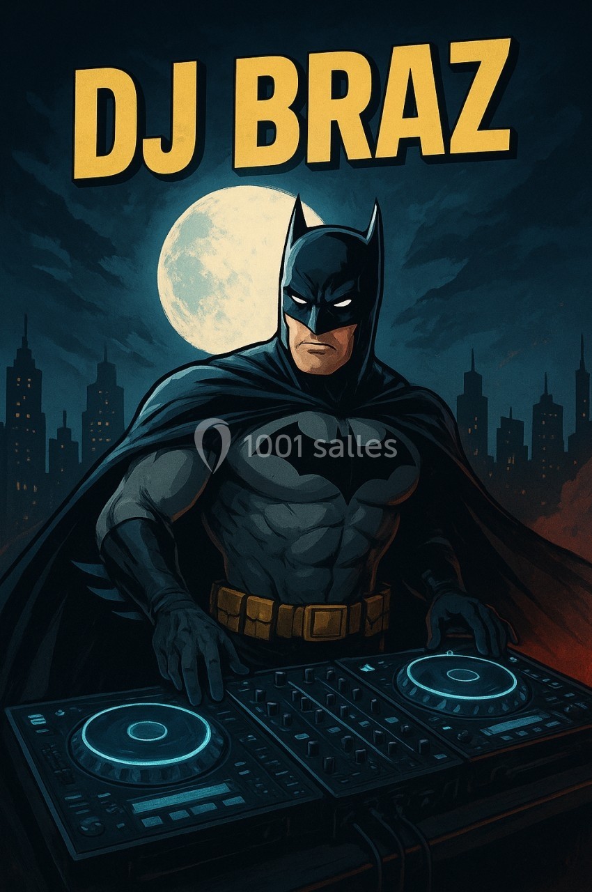 Un personnage en costume sombre mixant sur des platines DJ, avec une pleine lune et une ville en arrière-plan.