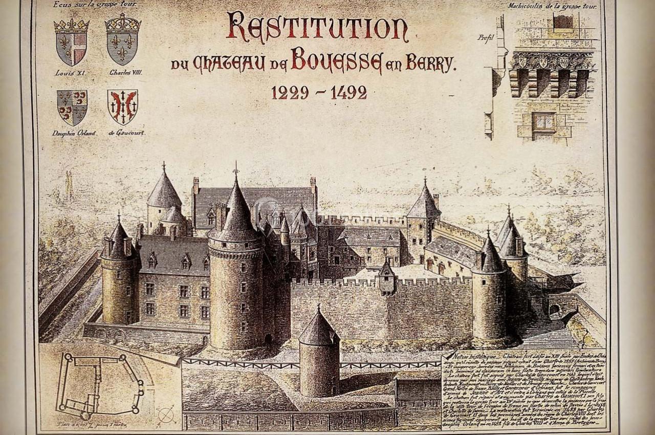 Gravure ancienne représentant la restitution architecturale du château de Bouges en Berry entre 1299 et 1492.