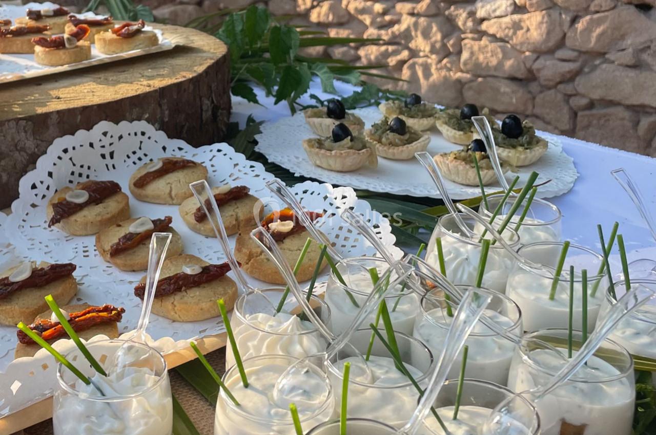 Plateau de verrines, tartines et tartelettes salées disposés sur une table en extérieur avec décor végétal.