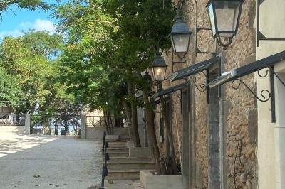 Paysage rural avec un chemin en gravier, des plantes, des champs verdoyants et un ciel partiellement nuageux.