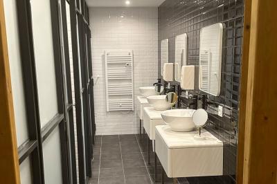 Paysage rural avec un chemin en gravier, des plantes, des champs verdoyants et un ciel partiellement nuageux.