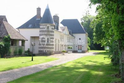 Miniature Location salle Saint-Aubin-sur-Gaillon (Eure) - Château de Beauchêne #2 Cheminée en pierre avec poutres en bois apparentes, ornée d'une composition florale dans une pièce lumineuse.