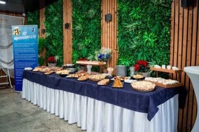 Décoration d'anniversaire avec ballons bleus, table de buffet garnie et panneaux d'information dans une salle en bois.