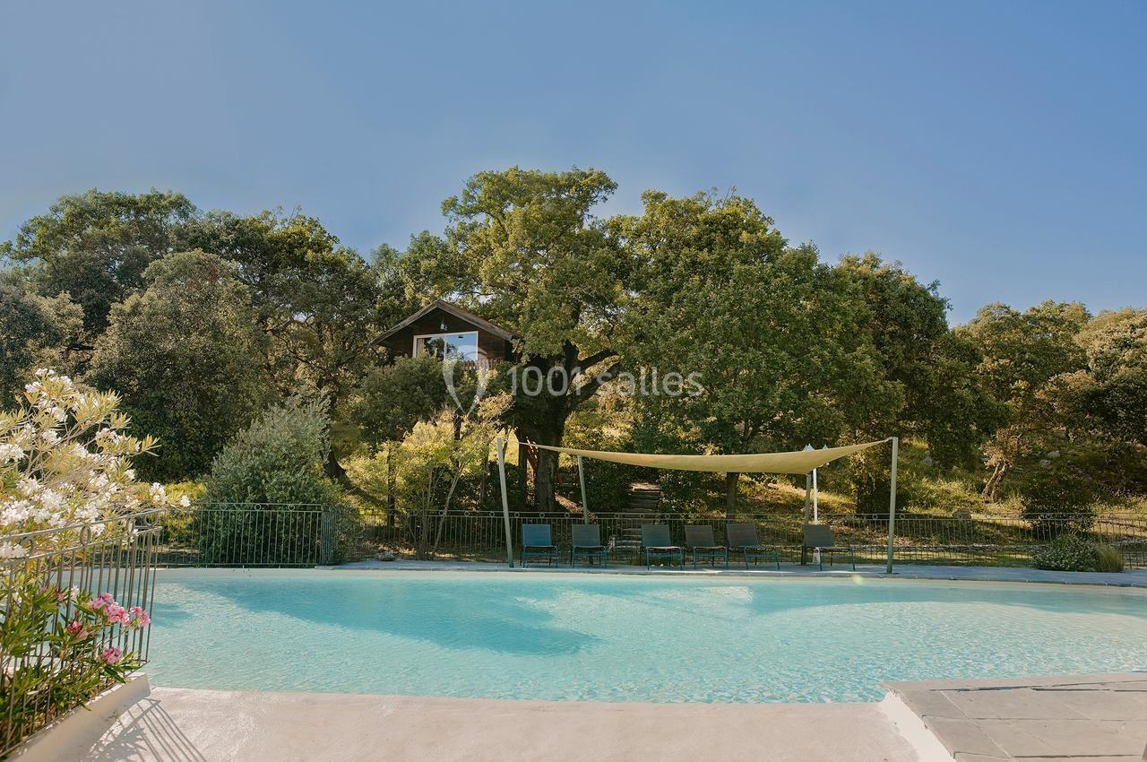 Piscine extérieure entourée de végétation, avec des chaises longues à l'ombre d'une toile tendue.