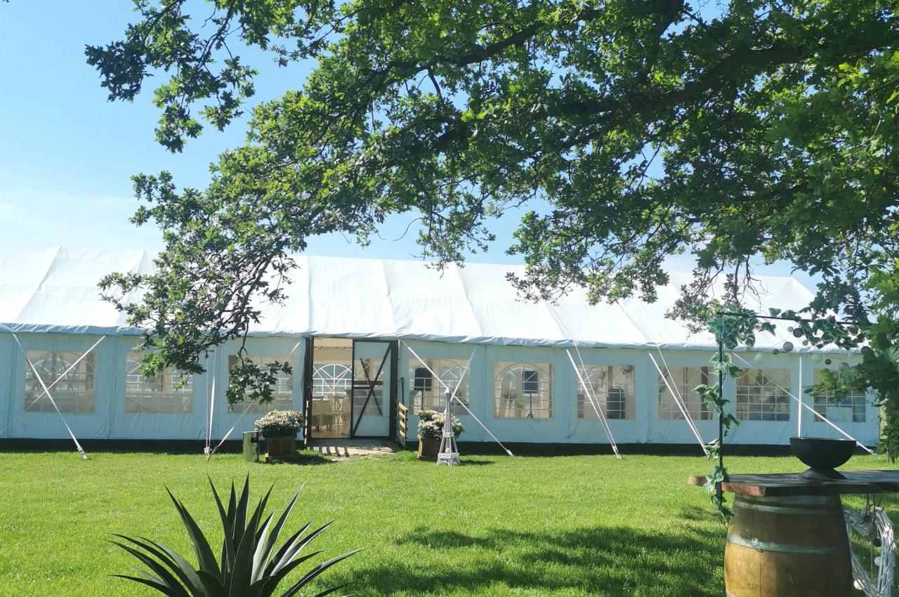Grande tente blanche installée sur une pelouse verdoyante, entourée d'arbres et d'éléments décoratifs extérieurs.