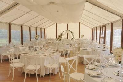 Un grand arbre illuminé par des guirlandes lumineuses dans un jardin avec des tables et chaises en soirée.