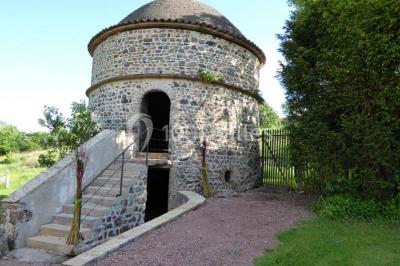 Deux bouteilles de vin, une blanche et une rouge, posées sur un tonneau en bois avec un fond de verdure.