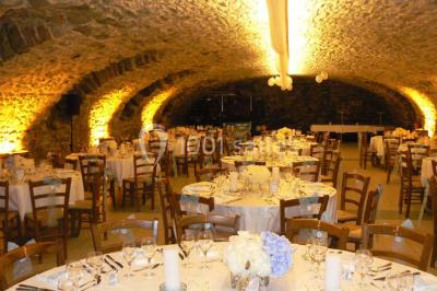 Deux bouteilles de vin, une blanche et une rouge, posées sur un tonneau en bois avec un fond de verdure.