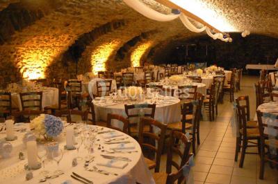Deux bouteilles de vin, une blanche et une rouge, posées sur un tonneau en bois avec un fond de verdure.