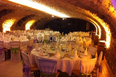 Deux bouteilles de vin, une blanche et une rouge, posées sur un tonneau en bois avec un fond de verdure.