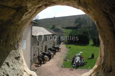 Deux bouteilles de vin, une blanche et une rouge, posées sur un tonneau en bois avec un fond de verdure.