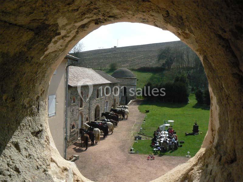 Vue à travers une ouverture circulaire sur une cour avec des chevaux attachés près d'un bâtiment en pierre et des personnes…