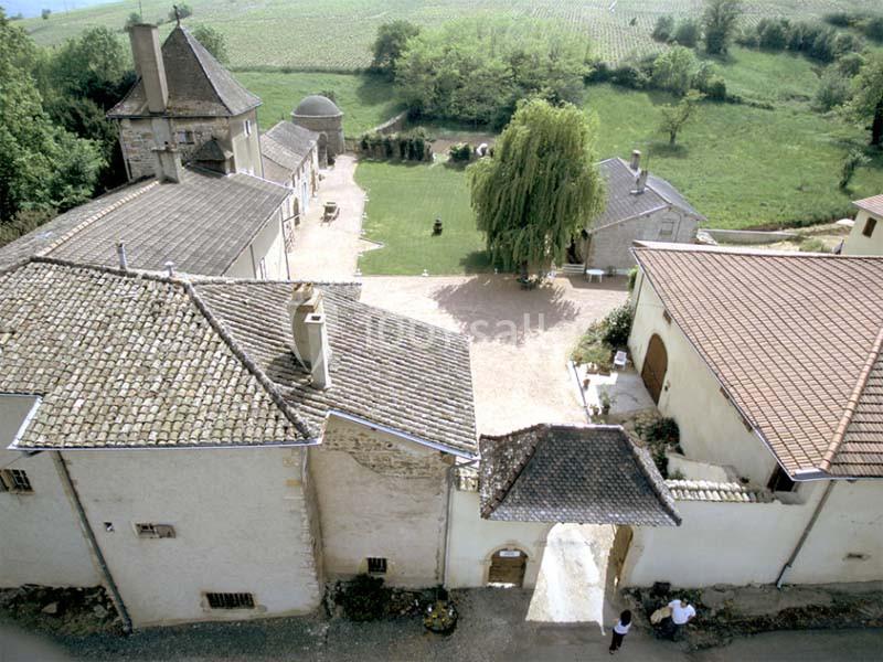 Vue aérienne d'une cour intérieure entourée de bâtiments anciens avec un jardin et des champs en arrière-plan.