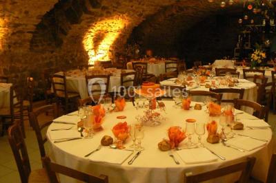Deux bouteilles de vin, une blanche et une rouge, posées sur un tonneau en bois avec un fond de verdure.