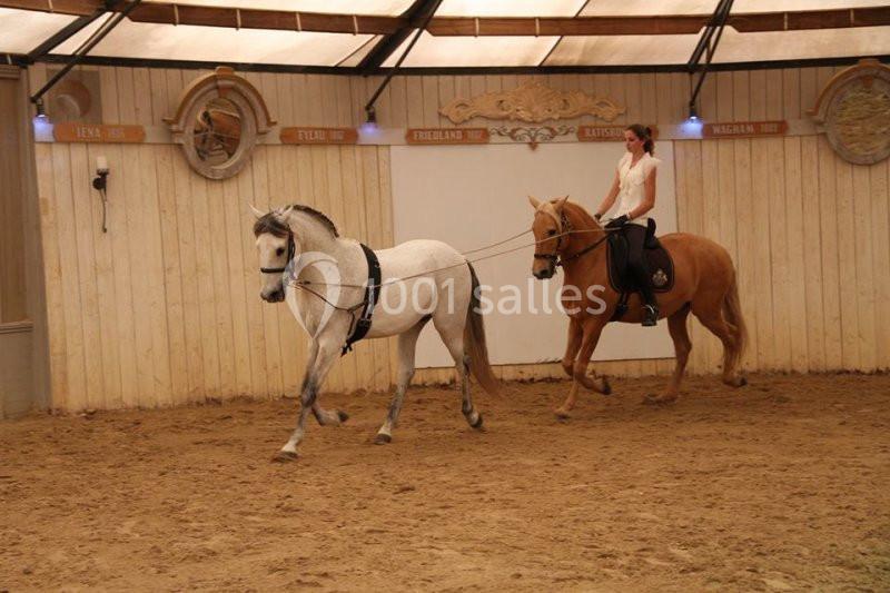 Deux chevaux montés par une cavalière évoluent dans un manège intérieur au sol sablonneux.