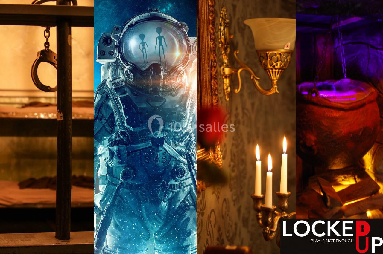 Image divisée en trois scènes : menottes sur une étagère, astronaute face à des silhouettes, et chaudron dans une ambiance…