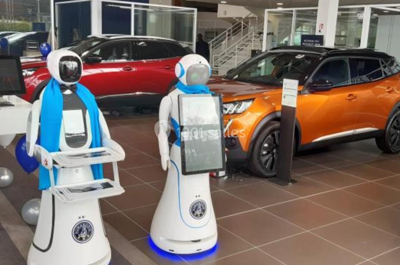 Deux robots interactifs avec écrans tactiles dans une concession automobile, entourés de véhicules exposés.