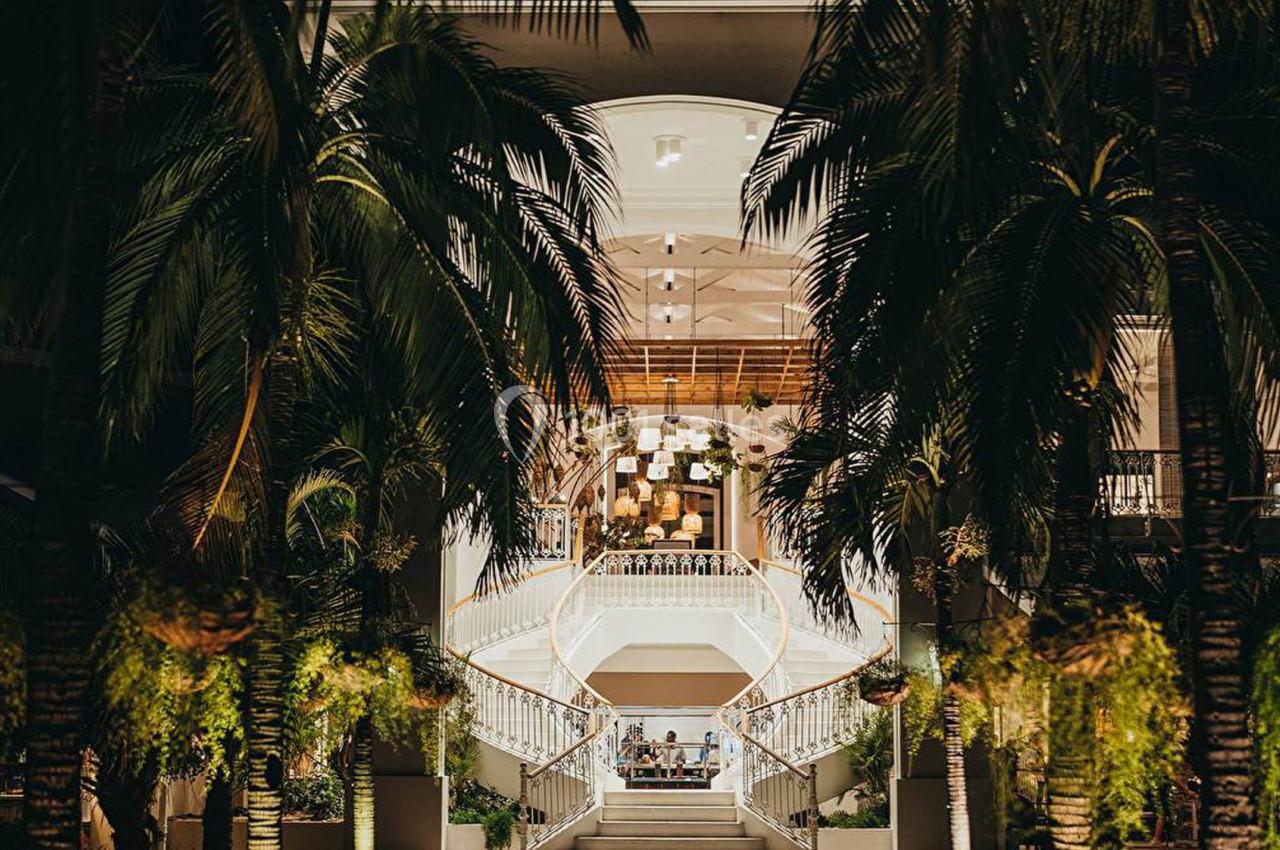 Escalier illuminé entouré de palmiers, menant à un espace intérieur avec des lustres suspendus.