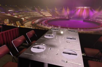 Salle de spectacle circulaire avec gradins éclairés par des lumières violettes et une scène centrale.