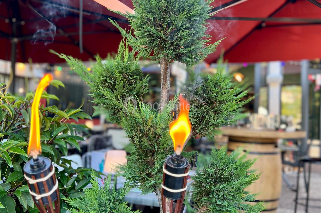 Deux torches allumées devant un arbuste taillé, sur une terrasse avec parasols rouges en arrière-plan.