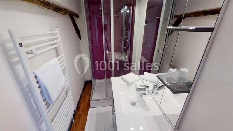 Salle de bain moderne avec douche vitrée, lavabo blanc, miroir, sèche-serviettes et poutres en bois apparentes.