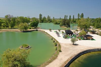 Vue aérienne d'un parc avec plusieurs étangs, espaces verts, chemins et bâtiments entourés de végétation.